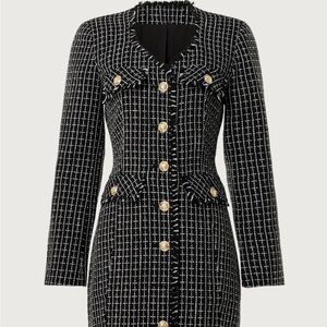 Derek Lam Black and White Tweed Dress with Gold Buttons